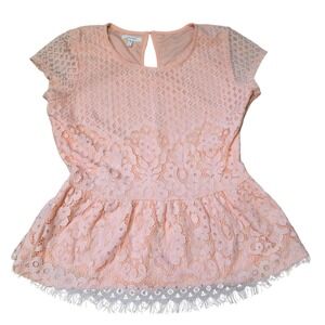 Maurices Lace Peplum Top‎ Womens Peach Pink Short Sleeve Casual Blouse  Size L